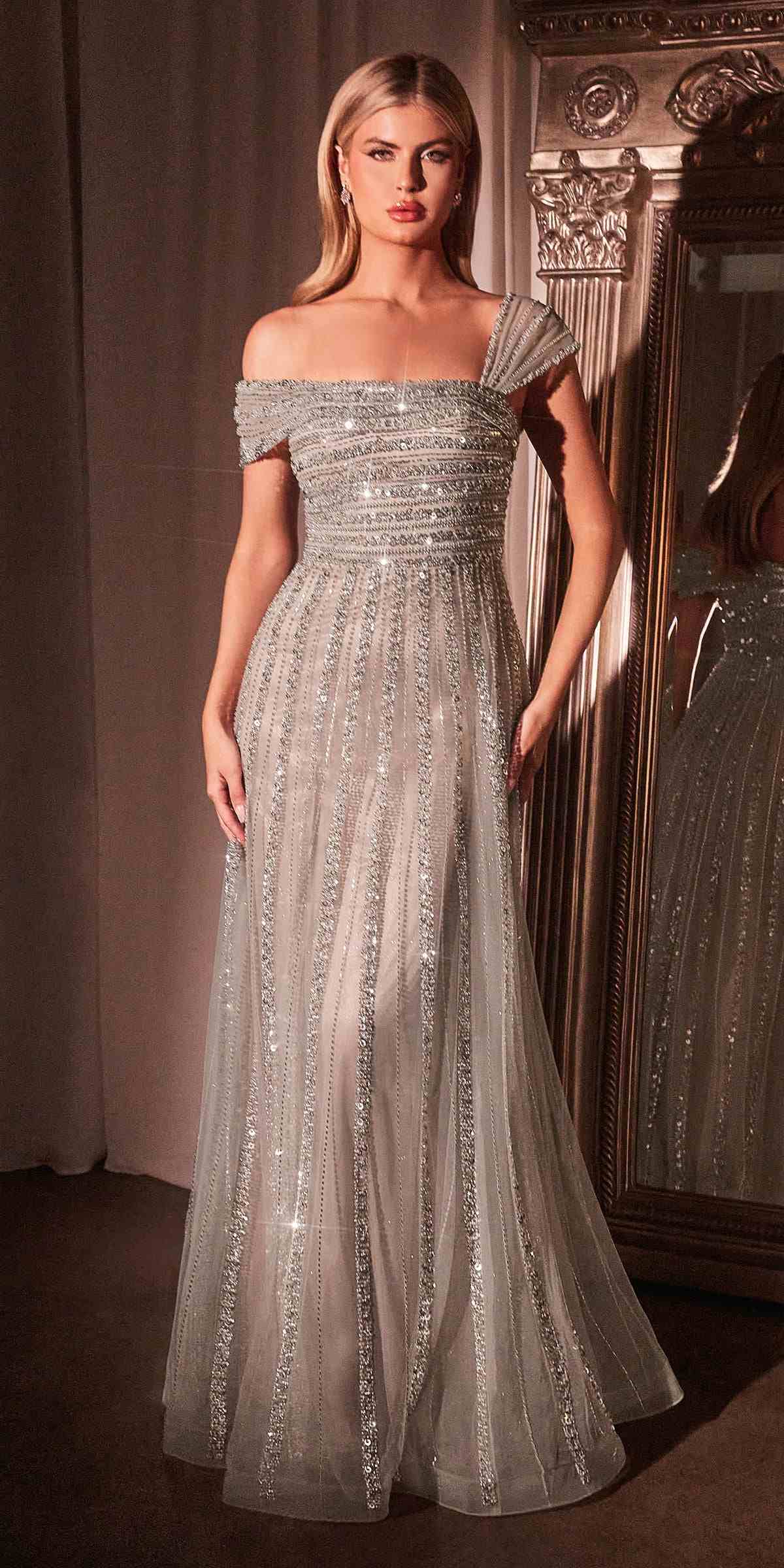 Ladivine CD0238 Asymmetrical Off The Shoulder A-Line Beaded Gown by DiscountDressShop
