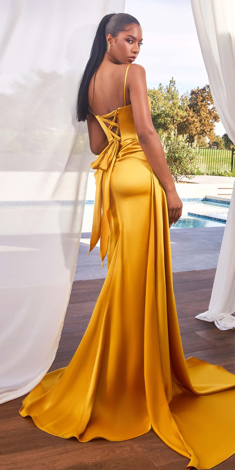 Ladivine CD340 Long Fitted Side Sash Leg Slit Satin Gown by DiscountDressShop