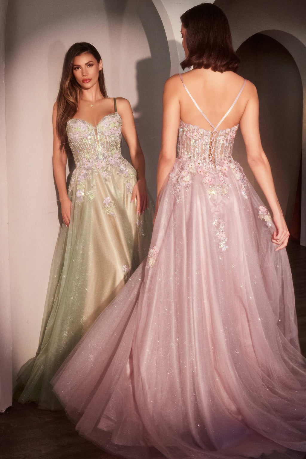 Ladivine CD740 Floral A-Line Layered Glitter Tulle Dress by DiscountDressShop