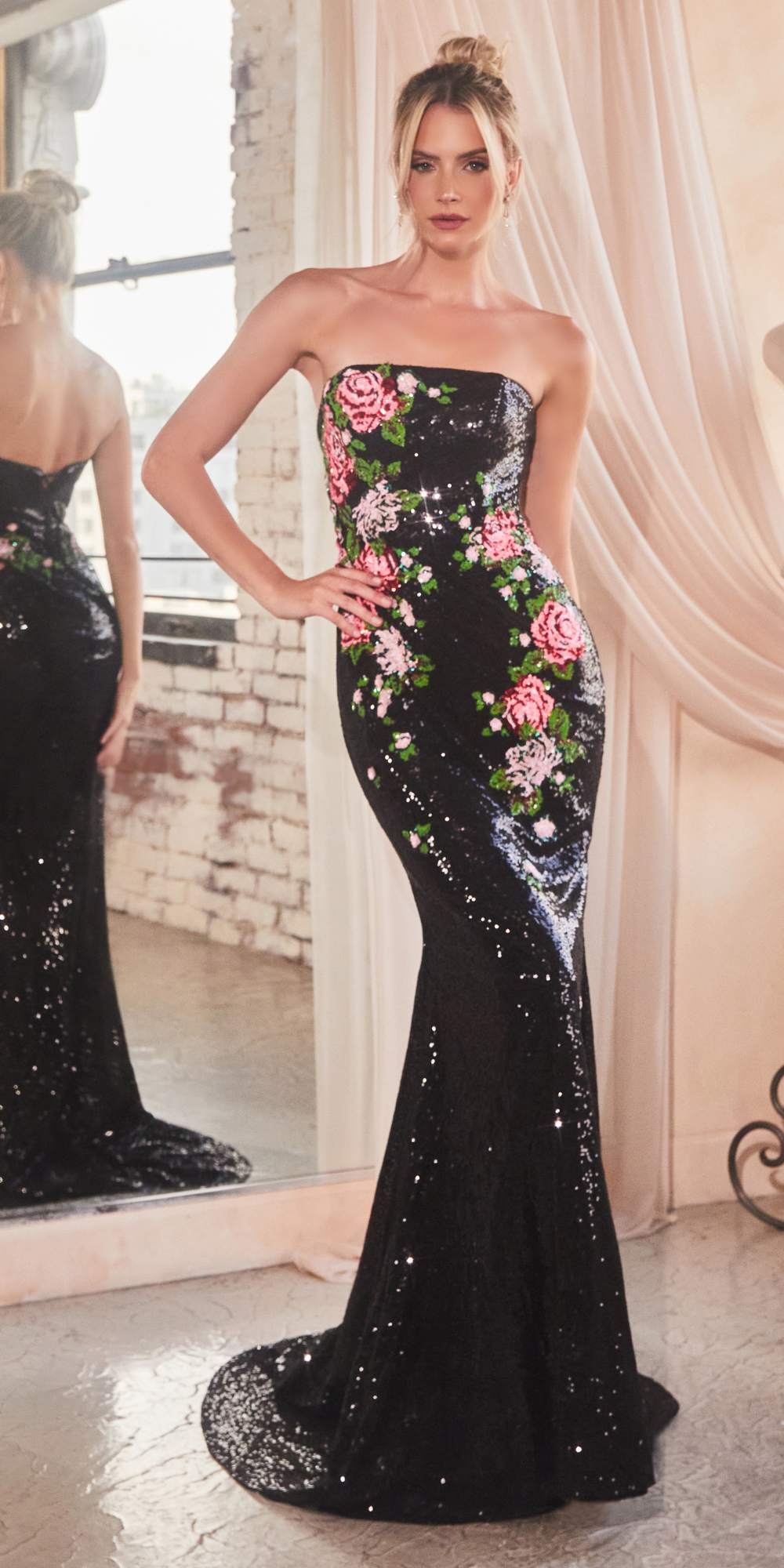 Ladivine CD811 Long Strapless Floral Print Pattern Sequin Dress by DiscountDressShop