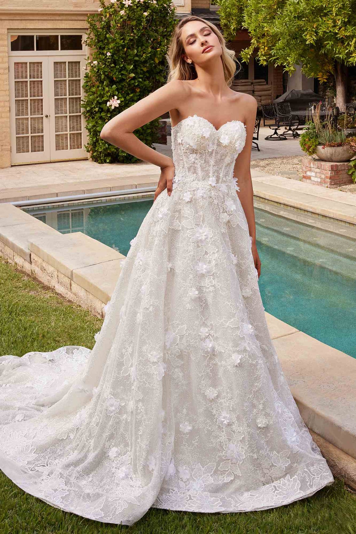 Ladivine CD860W Long Chapel Train Strapless A-Line Bridal Gown Removable Shawl by DiscountDressShop