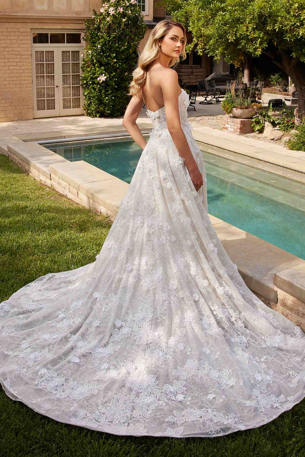 Ladivine CD860W Long Chapel Train Strapless A-Line Bridal Gown Removable Shawl by DiscountDressShop