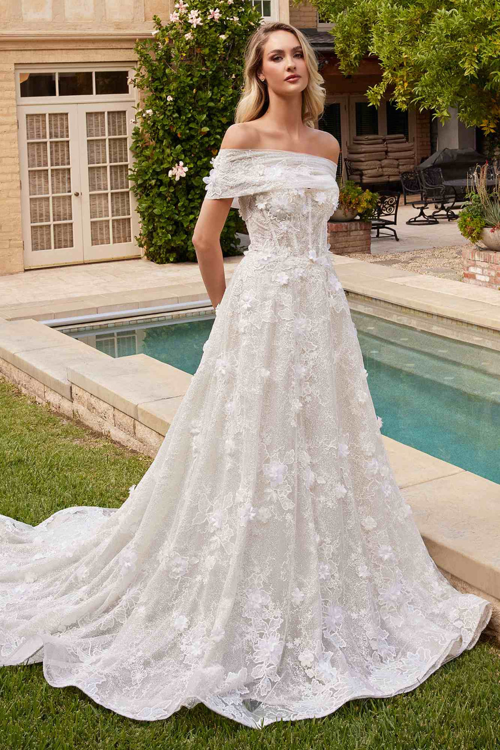 Ladivine CD860W Long Chapel Train Strapless A-Line Bridal Gown Removable Shawl by DiscountDressShop