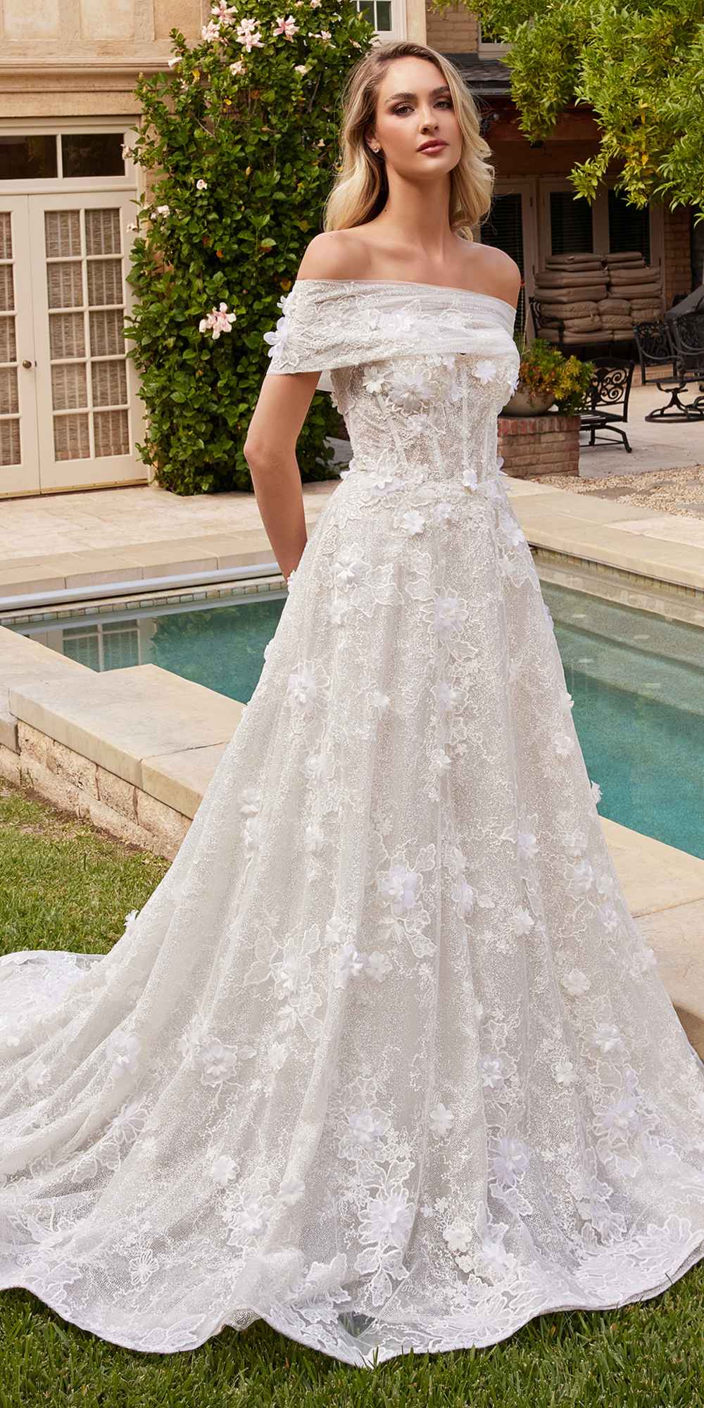 Ladivine CD860W Long Chapel Train Strapless A-Line Bridal Gown Removable Shawl by DiscountDressShop