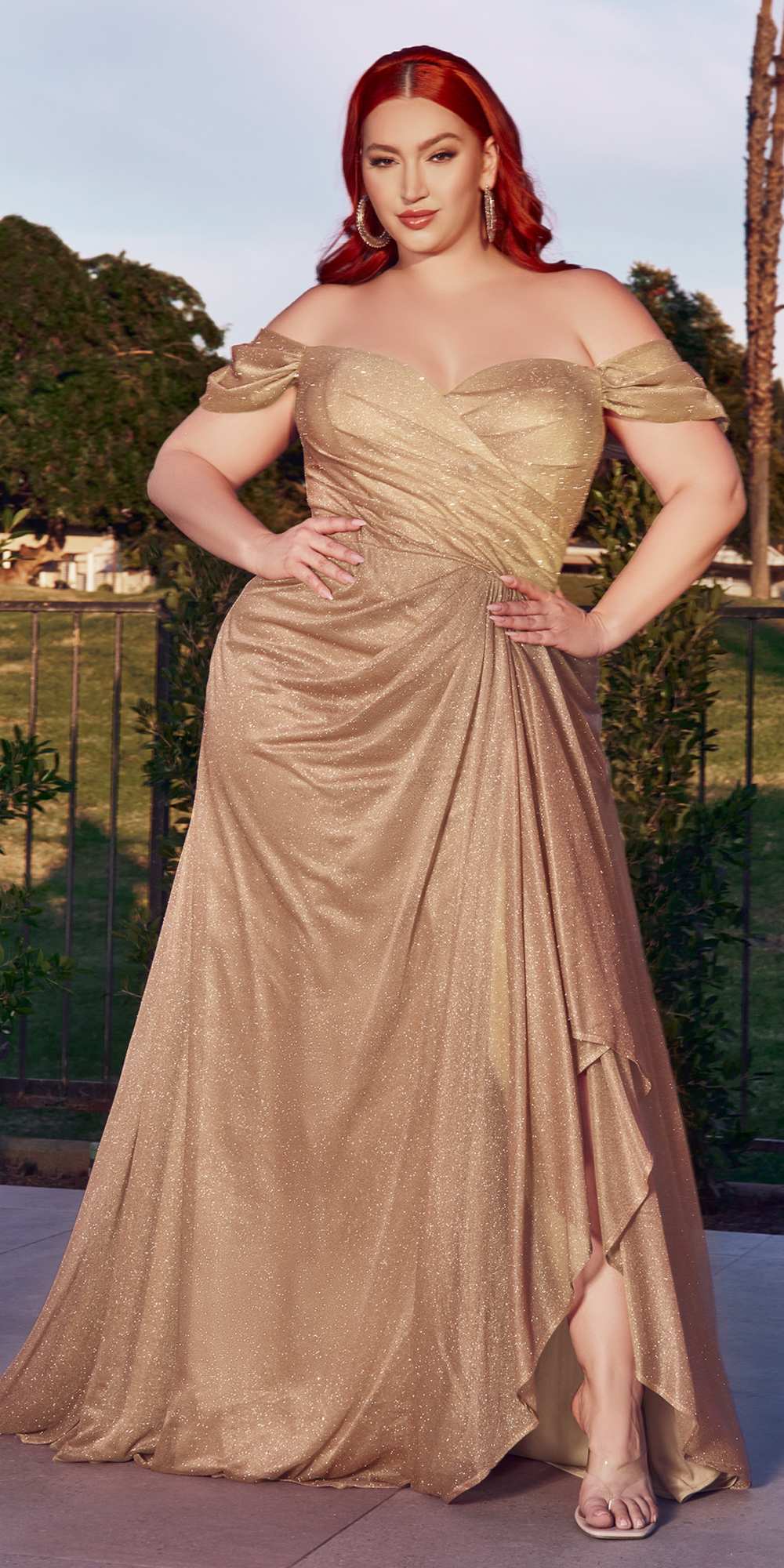 Ladivine CD878 Floor Length Off the Shoulder Glitter Gown by DiscountDressShop