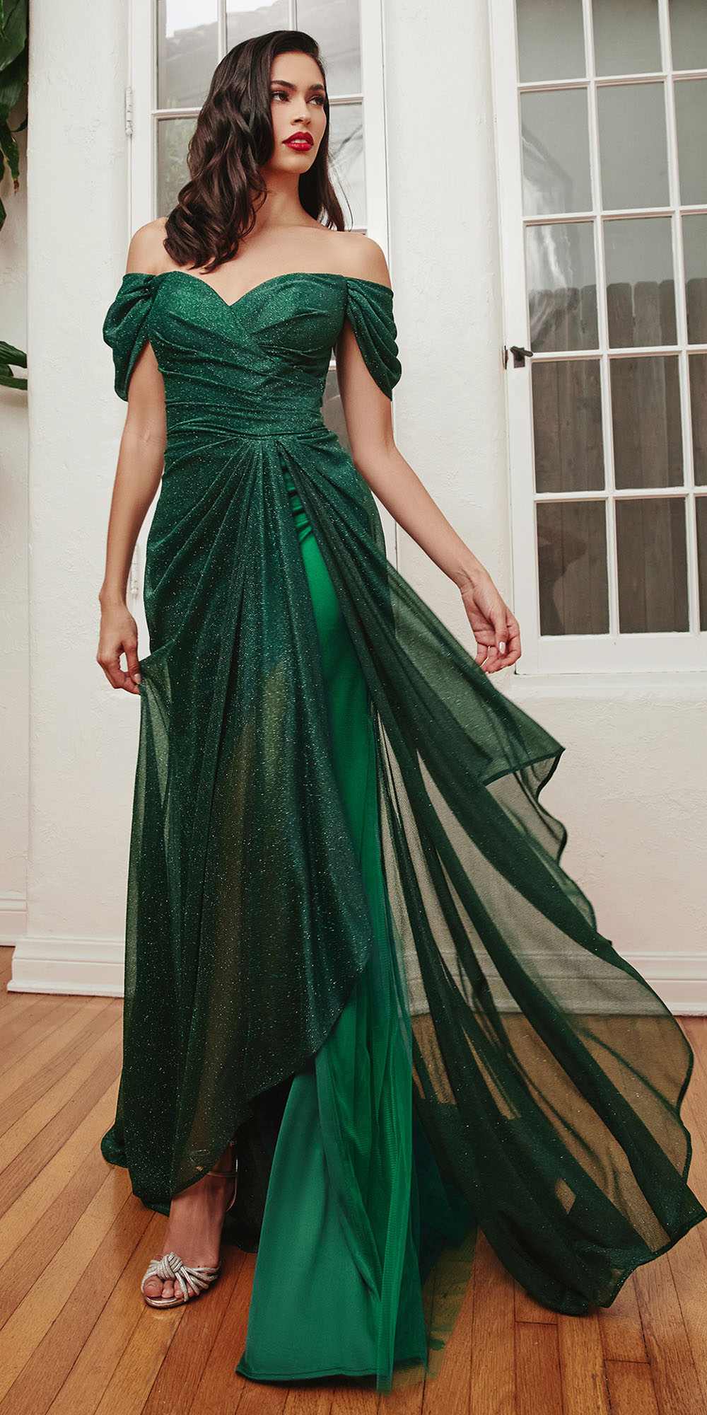 Ladivine CD878 Floor Length Off the Shoulder Glitter Gown by DiscountDressShop
