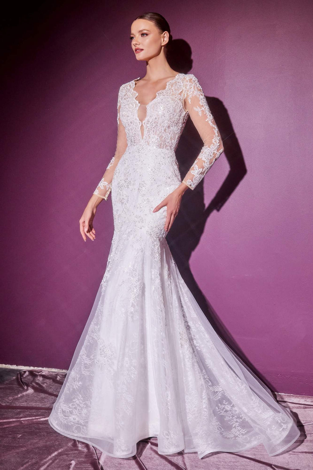 Cinderella Divine CD951W Lace Mermaid Gown With Long Illusion Sleeves by DiscountDressShop