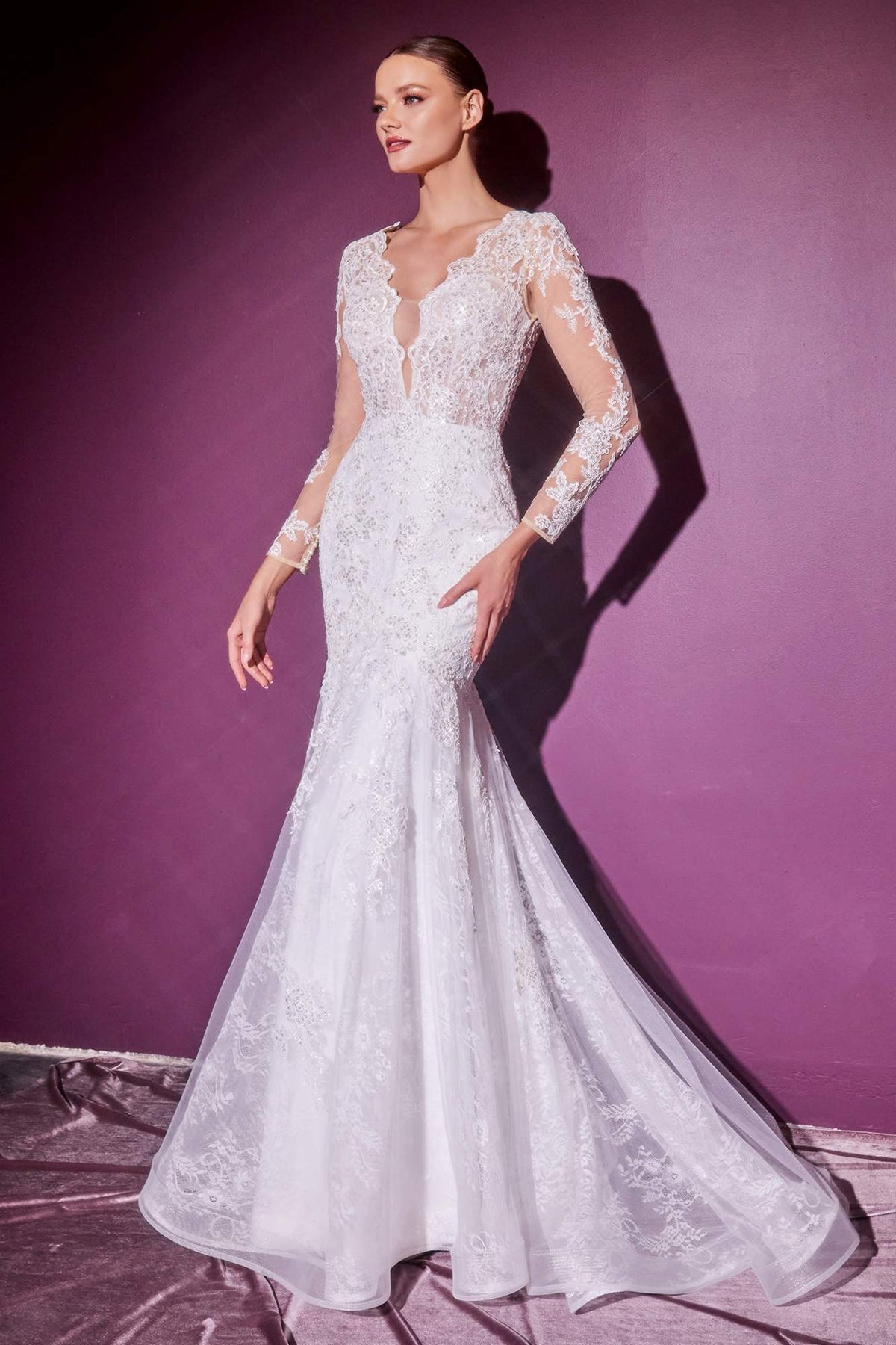 Cinderella Divine CD951W Lace Mermaid Gown With Long Illusion Sleeves by DiscountDressShop