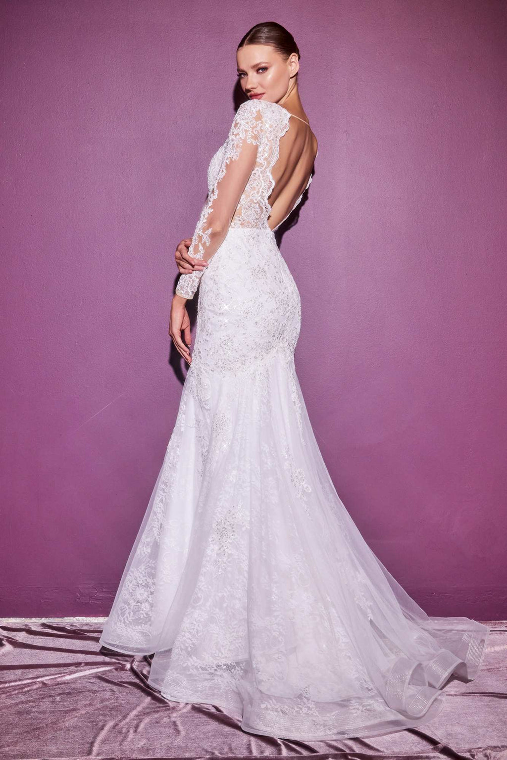 Cinderella Divine CD951W Lace Mermaid Gown With Long Illusion Sleeves by DiscountDressShop