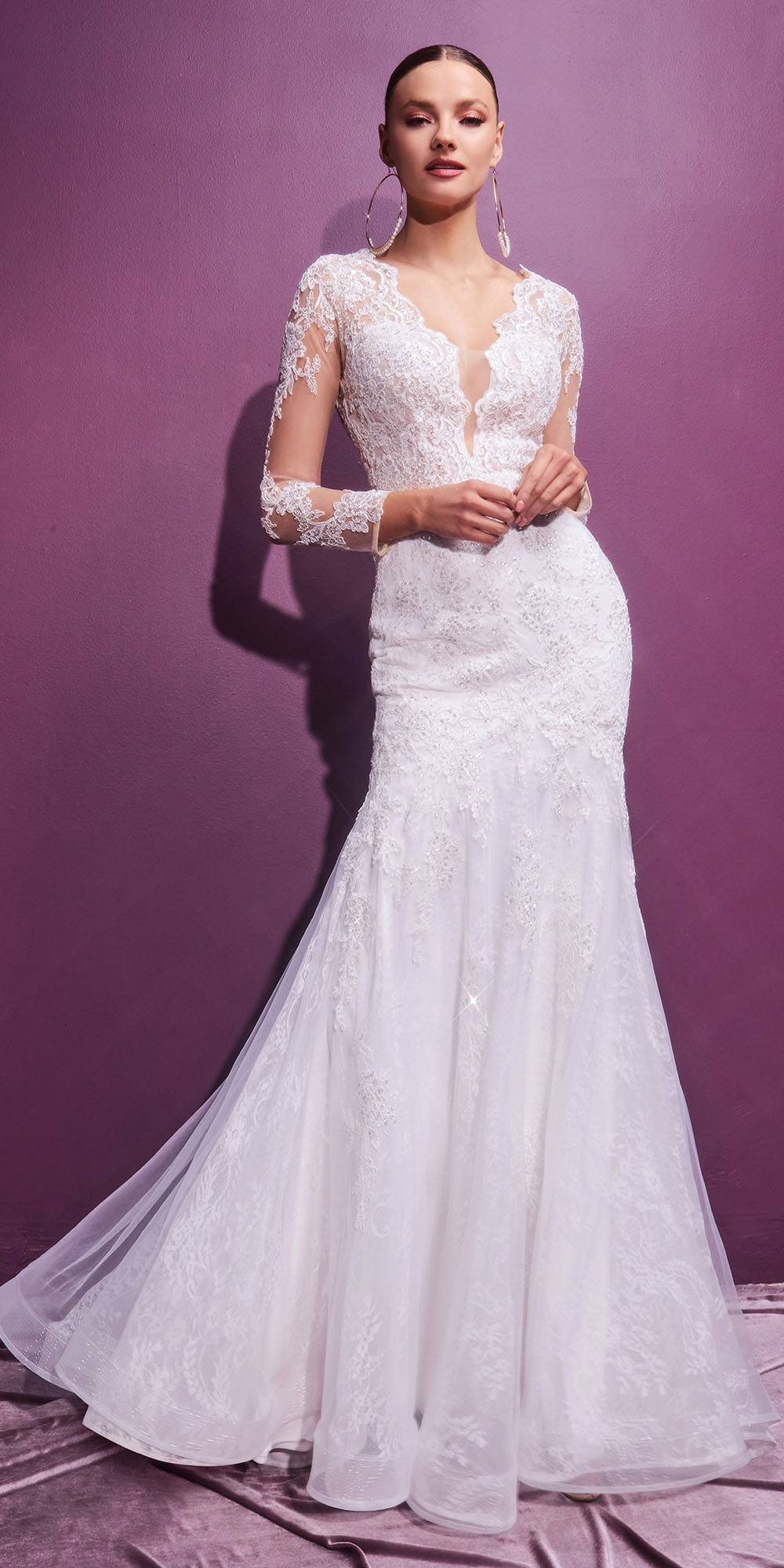 Cinderella Divine CD951W Lace Mermaid Gown With Long Illusion Sleeves by DiscountDressShop