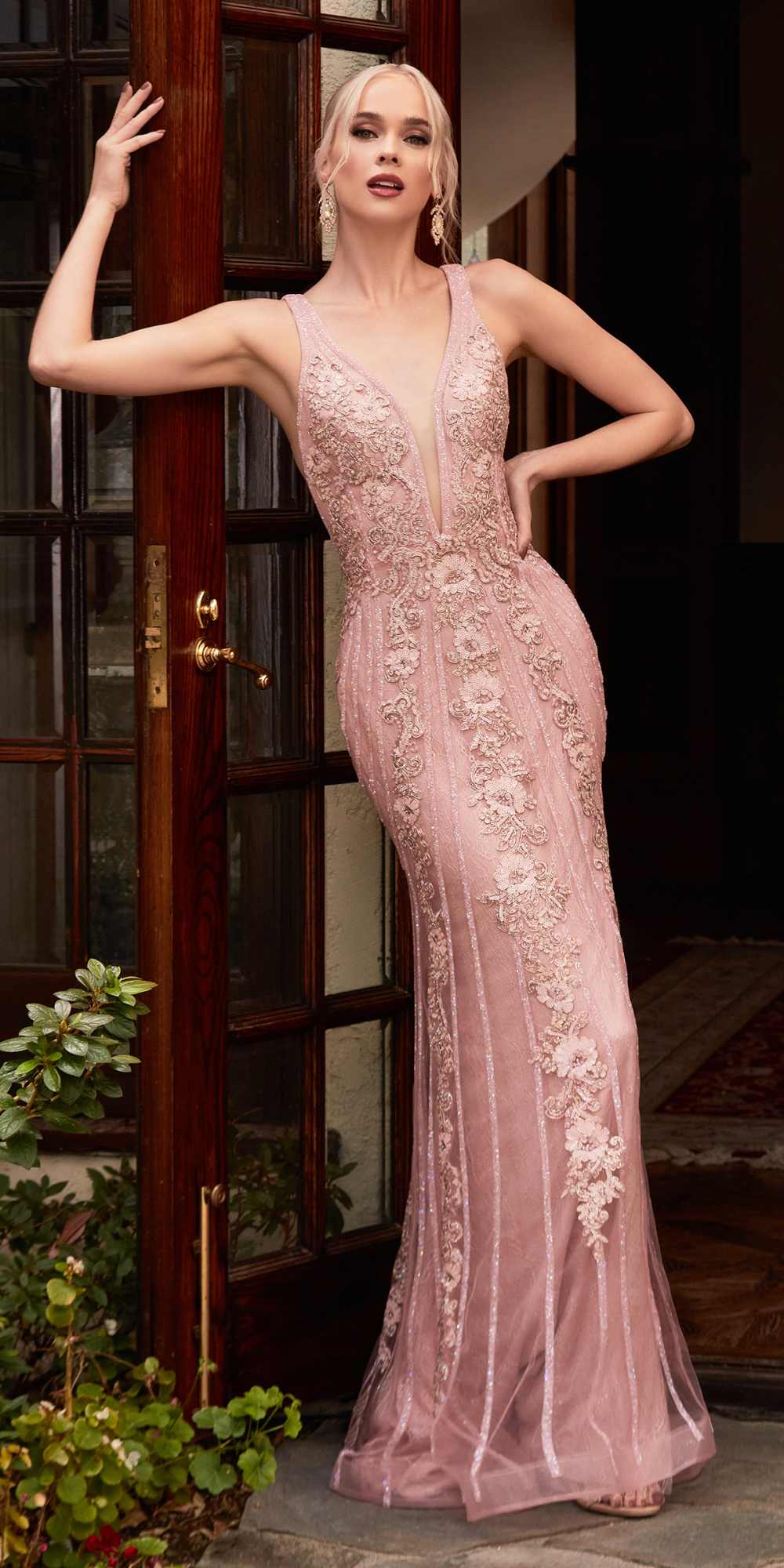 Cinderella Divine CD981 Long Pastel Column Beaded Lace Dress by DiscountDressShop