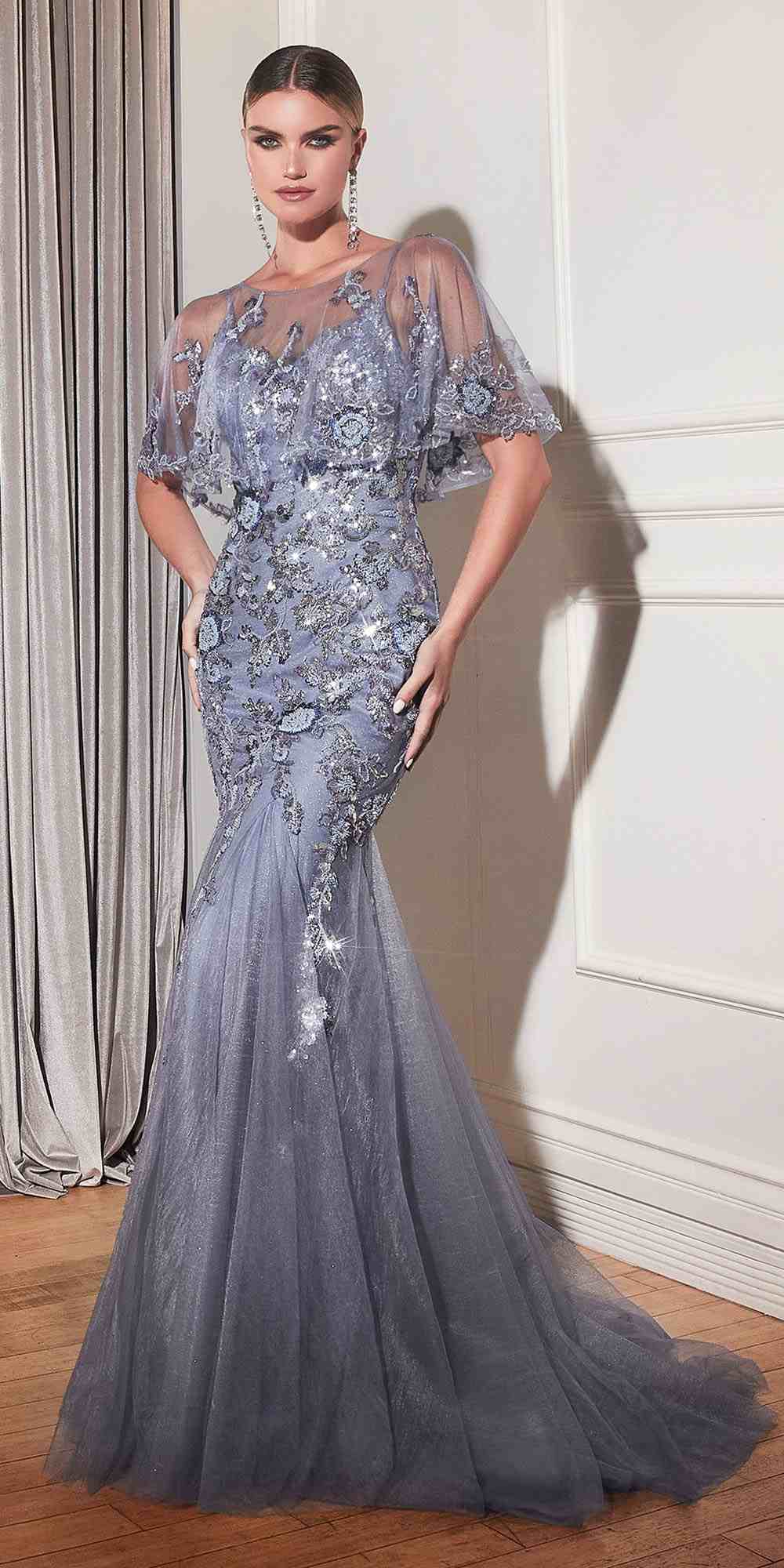 Cinderella Divine CDS438 Long Beaded Mermaid Gown Removable Short Sleeve Capelet by DiscountDressShop
