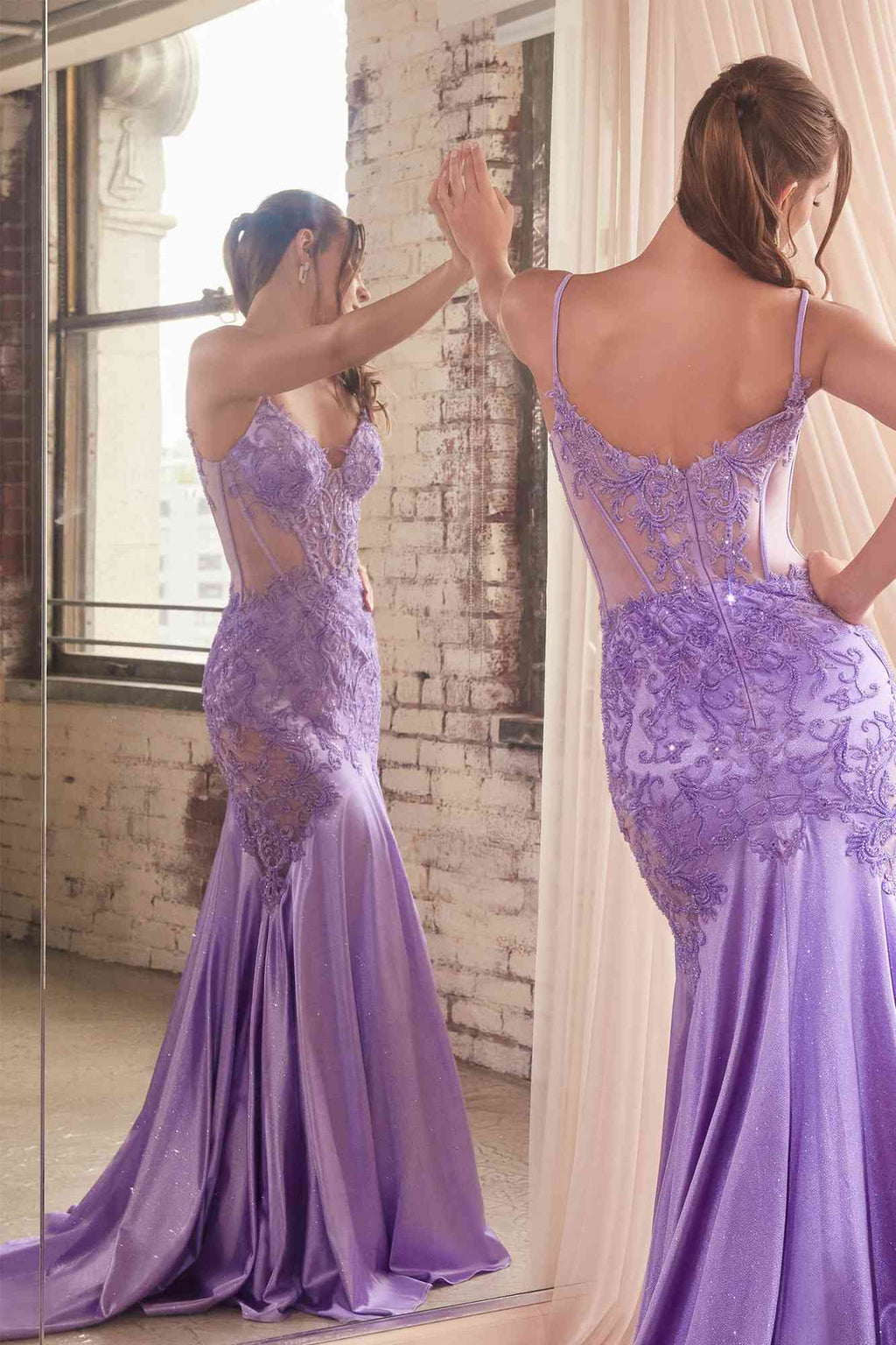 Ladivine CDS470 Long Stretch Satin and Glitter Boned Mermaid Gown by DiscountDressShop
