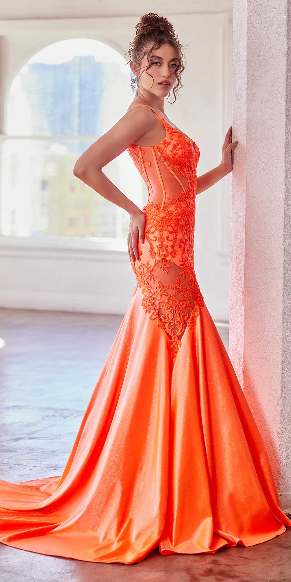 Ladivine CDS470 Long Stretch Satin and Glitter Boned Mermaid Gown by DiscountDressShop