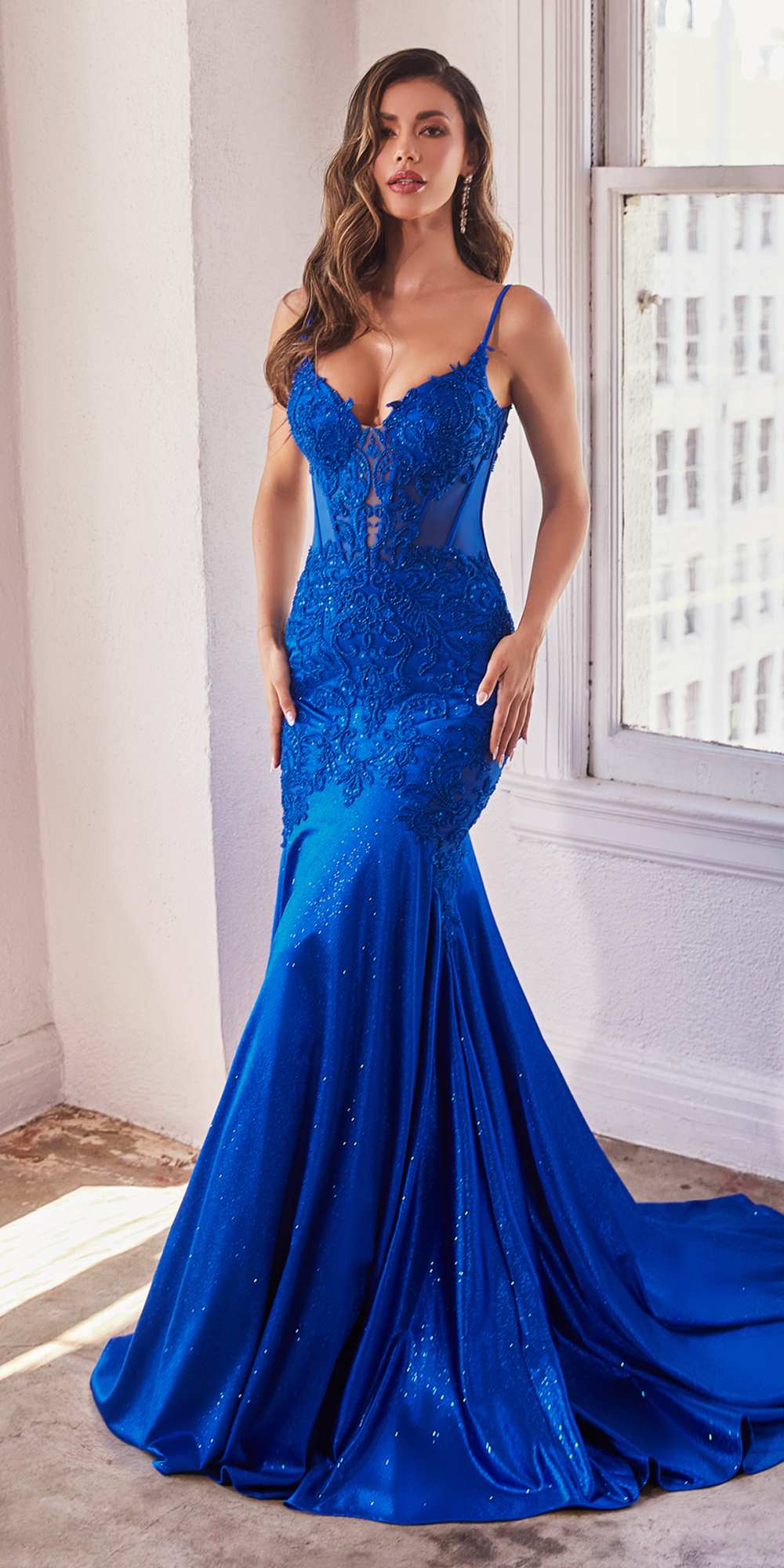 Ladivine CDS470 Long Stretch Satin and Glitter Boned Mermaid Gown by DiscountDressShop