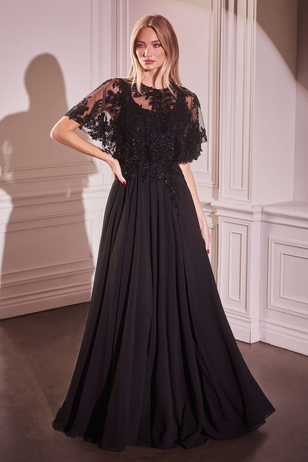 Ladivine CDS503 Dress Chiffon A-Line Beaded Lace Bodice Removable Cape by DiscountDressShop
