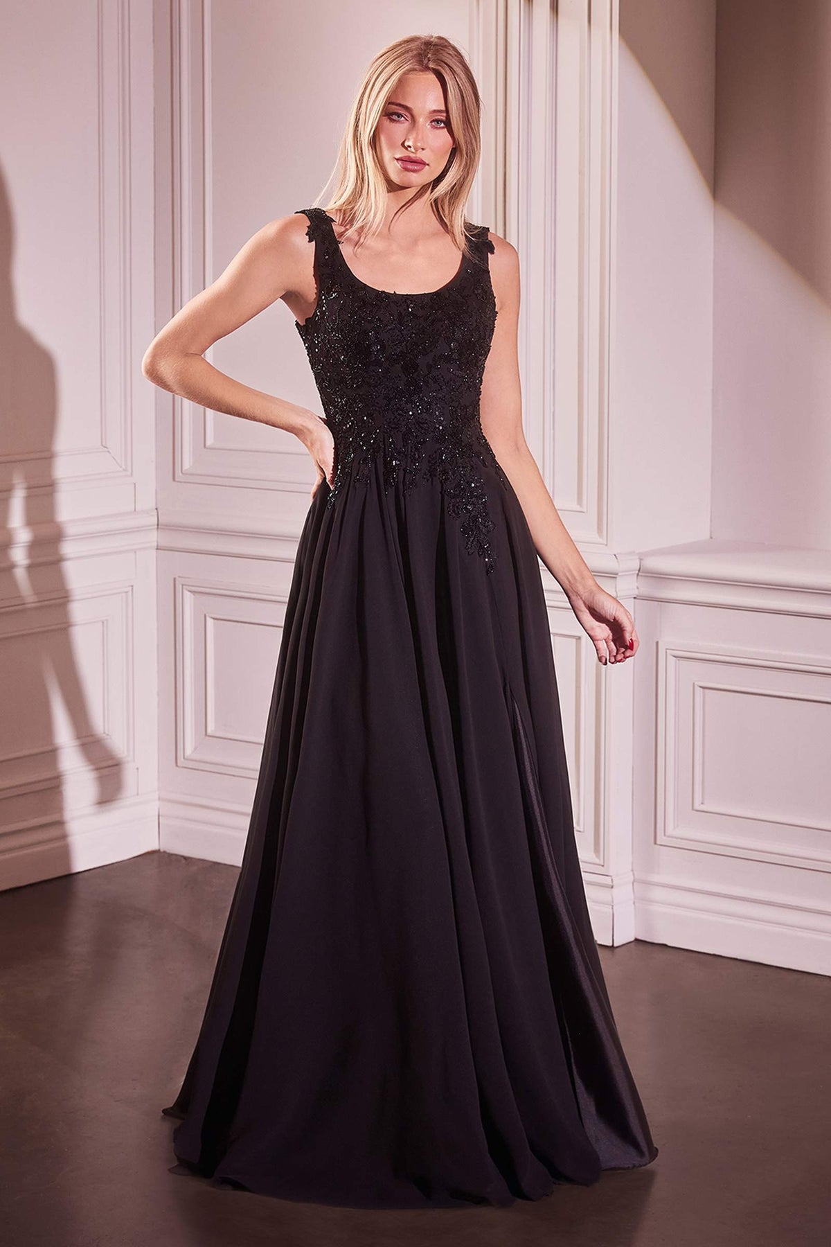 Ladivine CDS503 Dress Chiffon A-Line Beaded Lace Bodice Removable Cape by DiscountDressShop