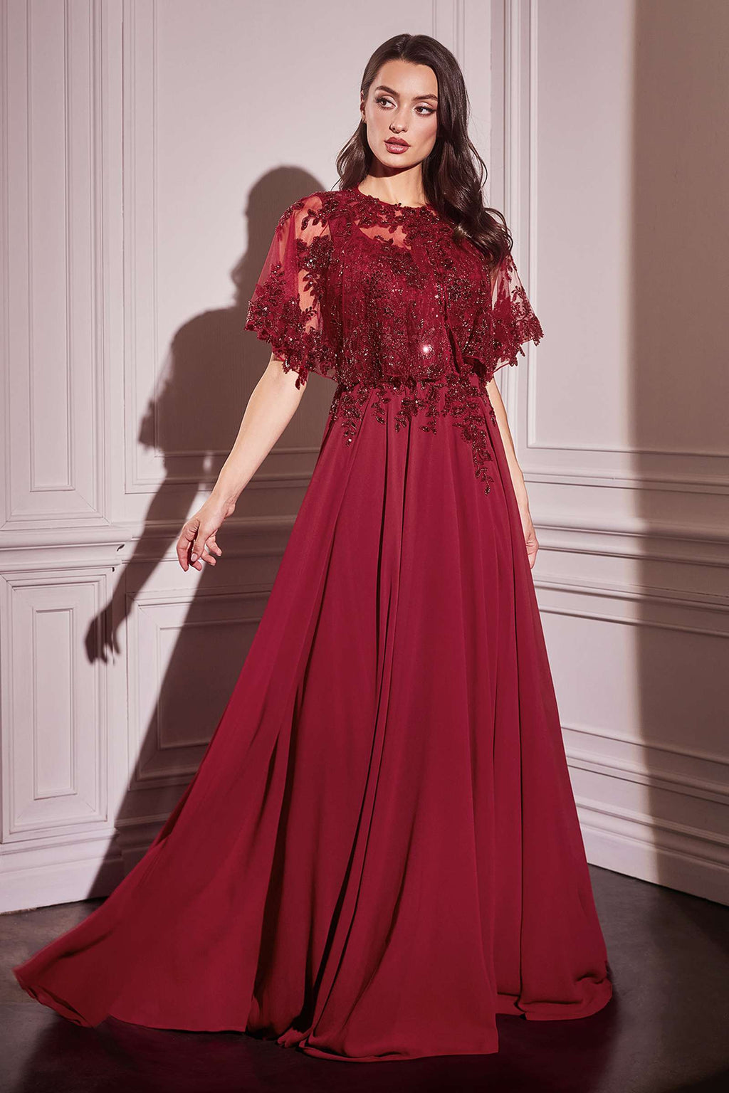 Ladivine CDS503 Dress Chiffon A-Line Beaded Lace Bodice Removable Cape by DiscountDressShop