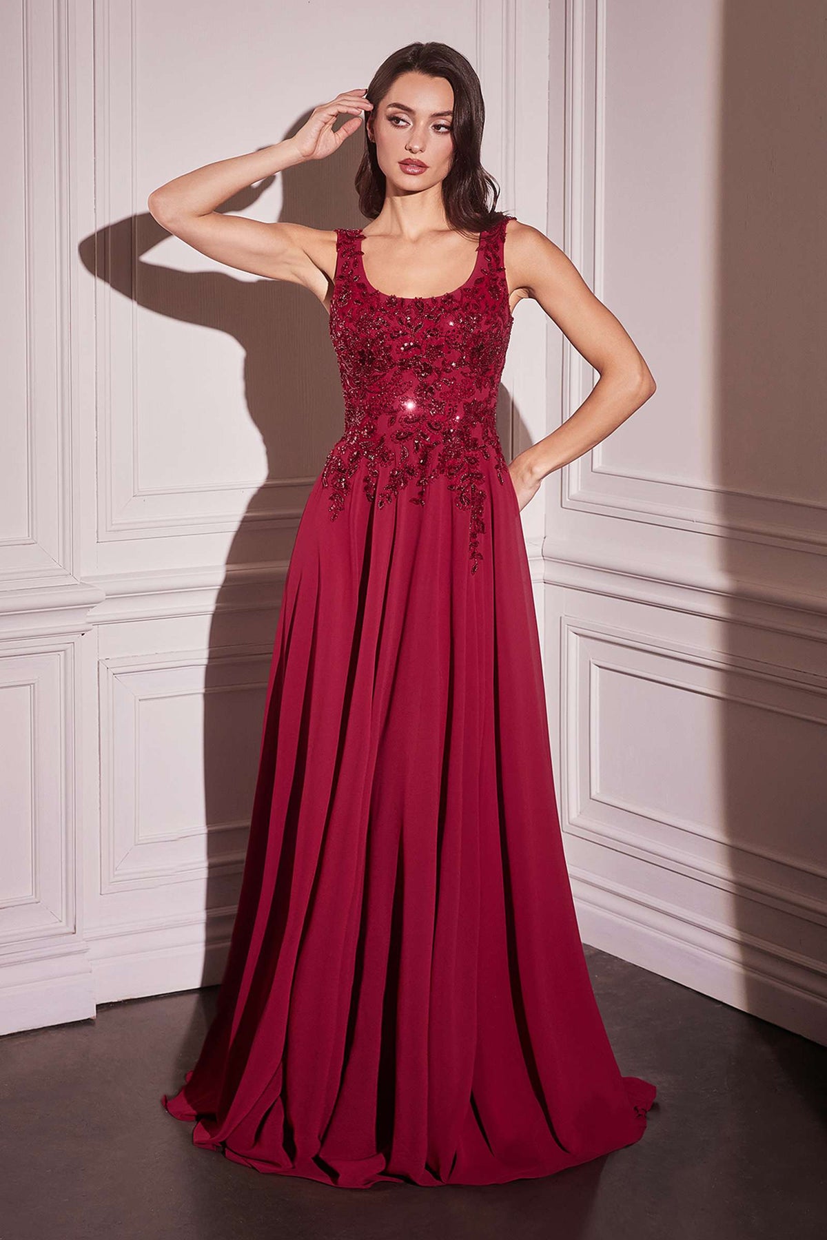 Ladivine CDS503 Dress Chiffon A-Line Beaded Lace Bodice Removable Cape by DiscountDressShop