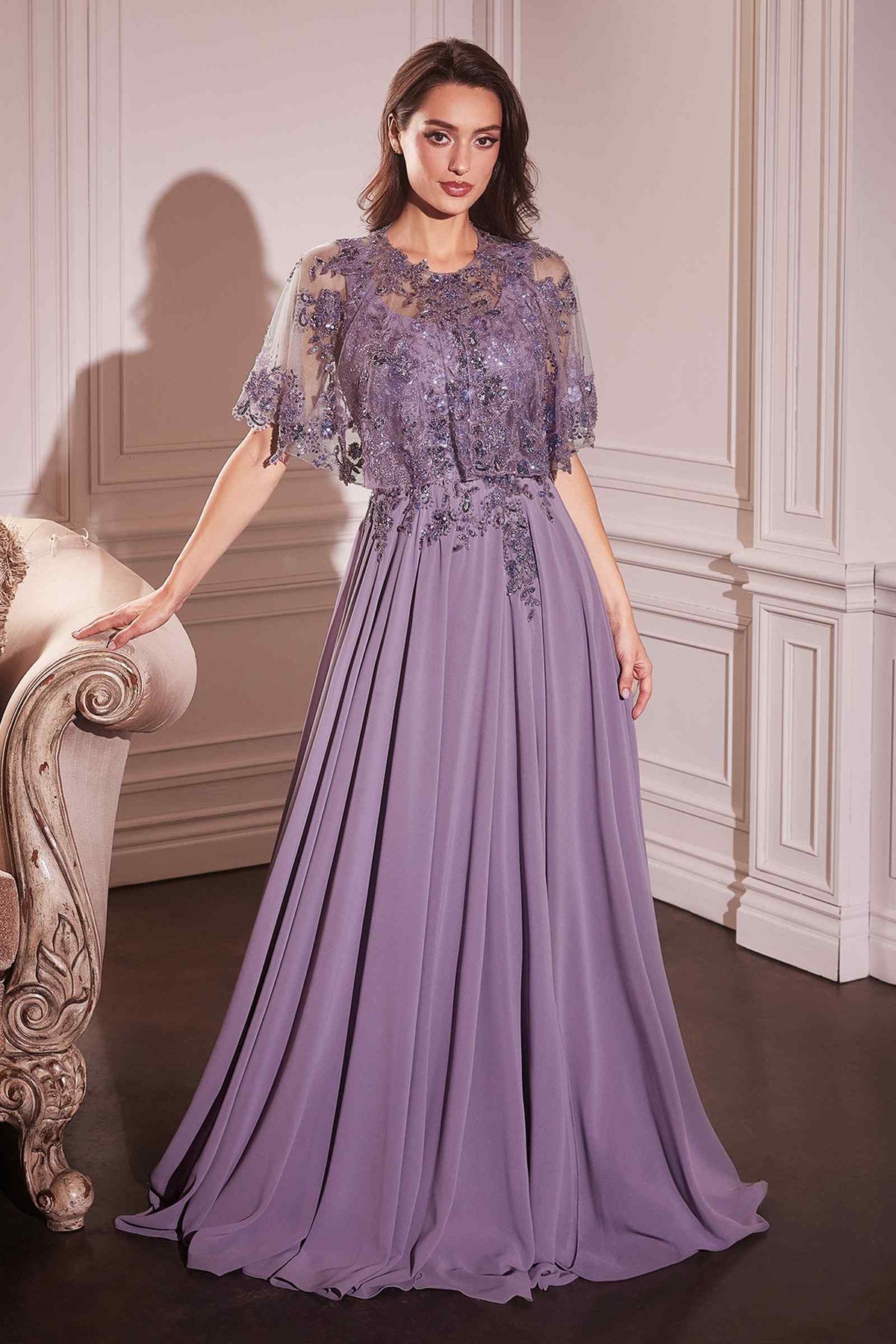 Ladivine CDS503 Dress Chiffon A-Line Beaded Lace Bodice Removable Cape by DiscountDressShop