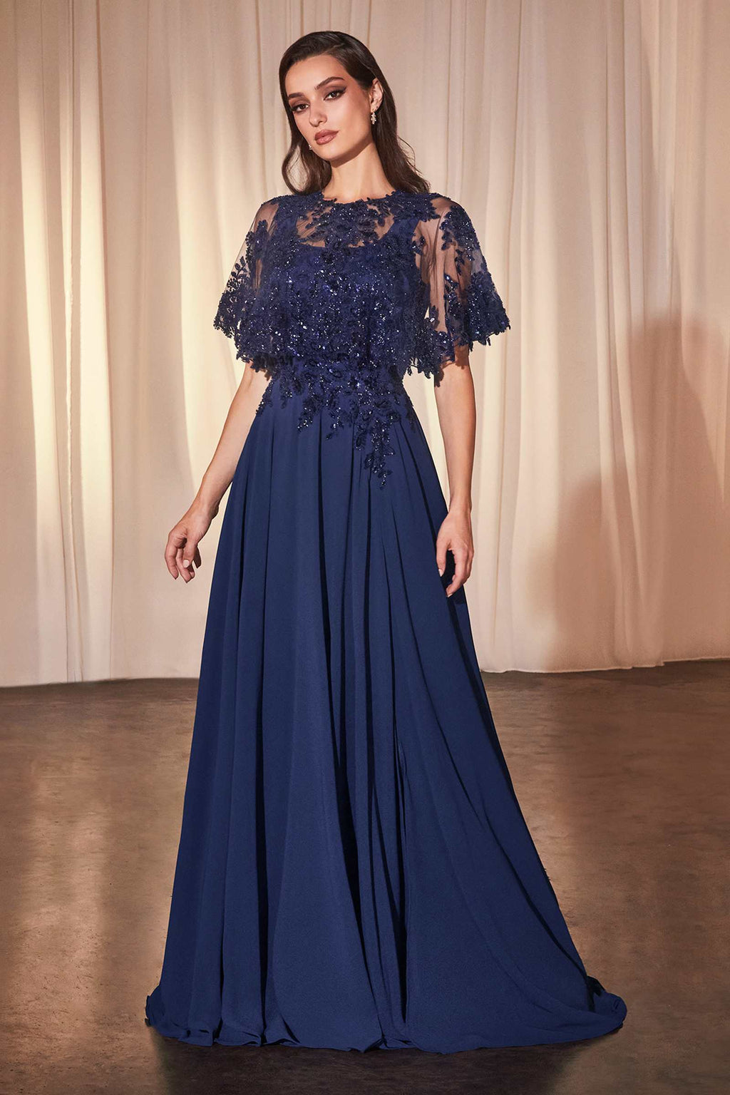 Ladivine CDS503 Dress Chiffon A-Line Beaded Lace Bodice Removable Cape by DiscountDressShop