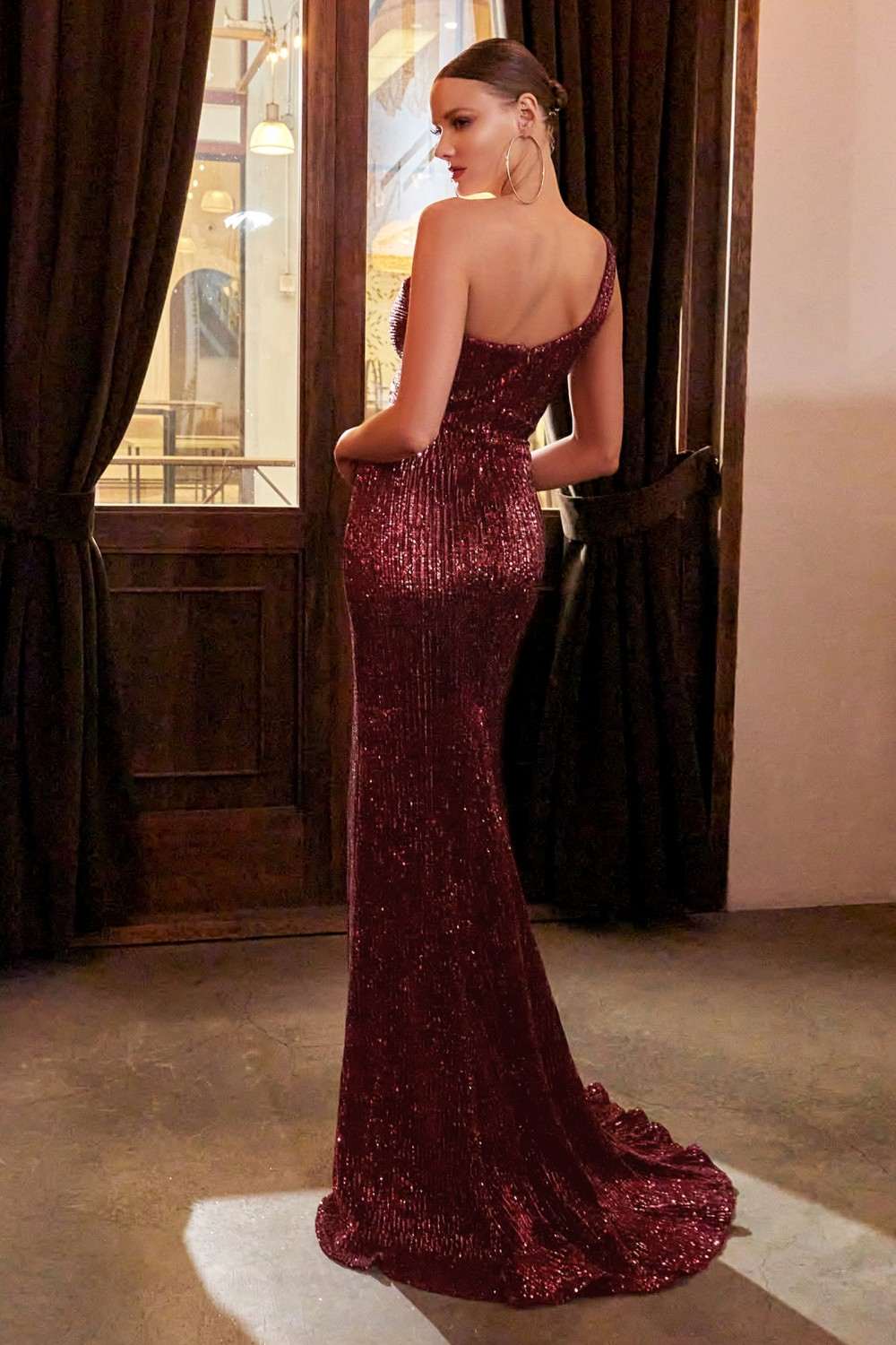 Cinderella Divine CH182 Floor Length One Shoulder Sequins Column Gown by DiscountDressShop