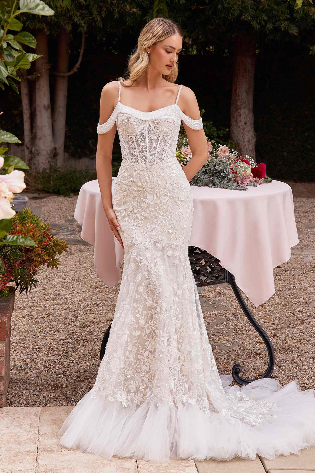 Ladivine CK703W Off The Shoulder Fitted Lace Bridal Gown by DiscountDressShop