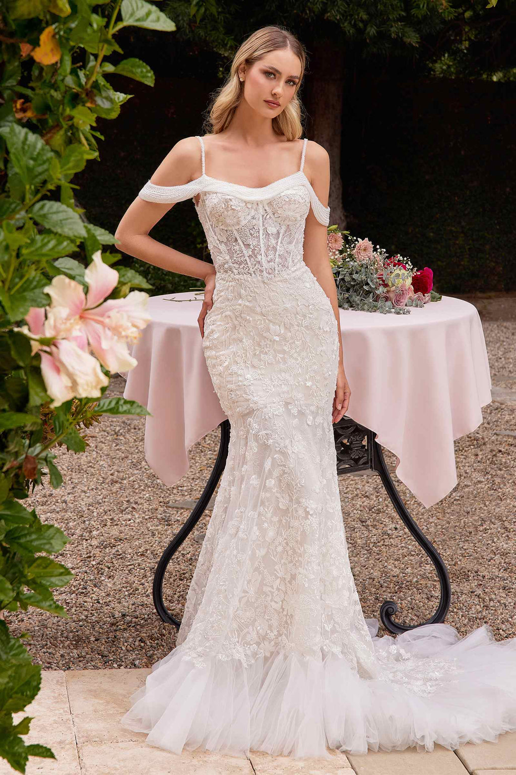 Ladivine CK703W Off The Shoulder Fitted Lace Bridal Gown by DiscountDressShop