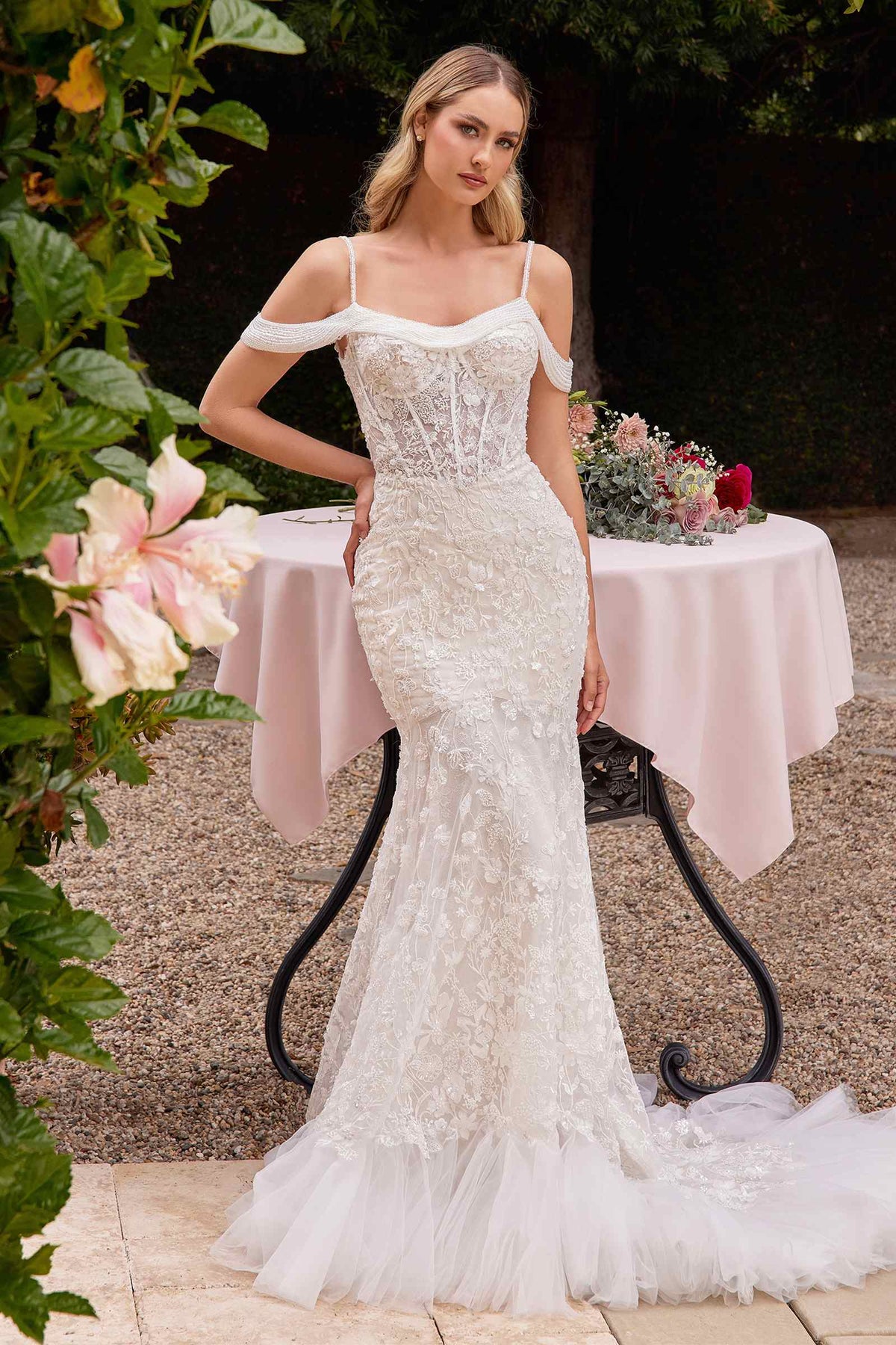 Ladivine CK703W Off The Shoulder Fitted Lace Bridal Gown by DiscountDressShop