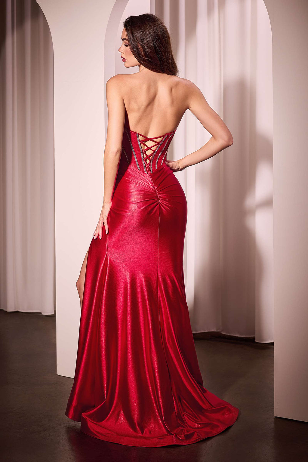 Ladivine CM368 Dress Strapless Lace Bodice Satin Fitted Gown by DiscountDressShop