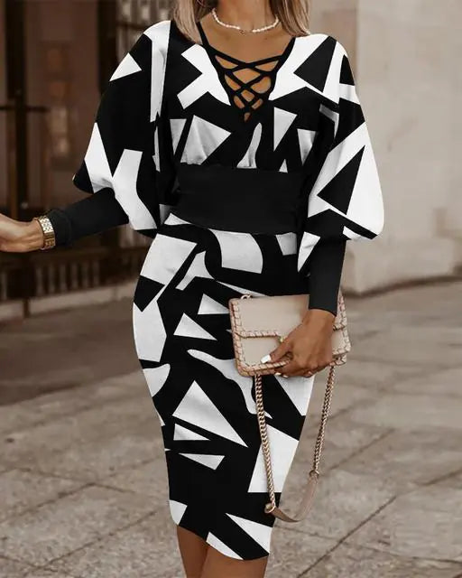 Elegant Women's V-Neck Long Sleeve Pencil Dress by Trendy Attic Store01