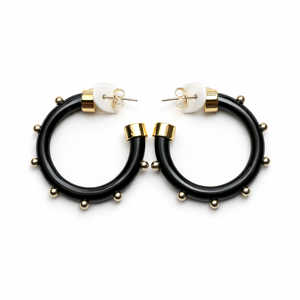 Black with Gold Balls Hoop Earrings by hoohoops