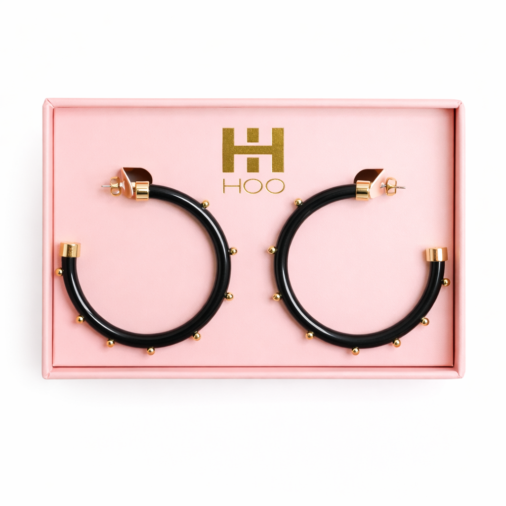 Black with Gold Balls Hoop Earrings by hoohoops