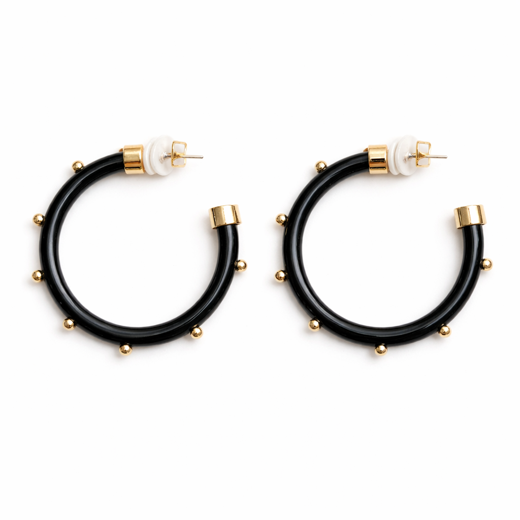 Black with Gold Balls Hoop Earrings by hoohoops