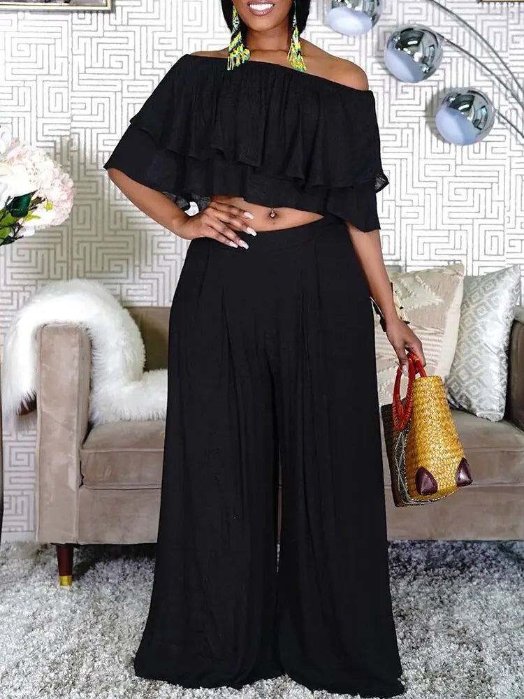 Plus Size 2 Piece Off Shoulder Crop Top & Wide Leg Pants by Trendy Attic Store01