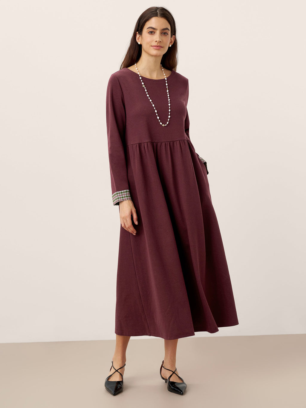 Organic Cotton Patchwork Cuff Crew Neck Casual Midi Dress SCARLETT by LINTICO