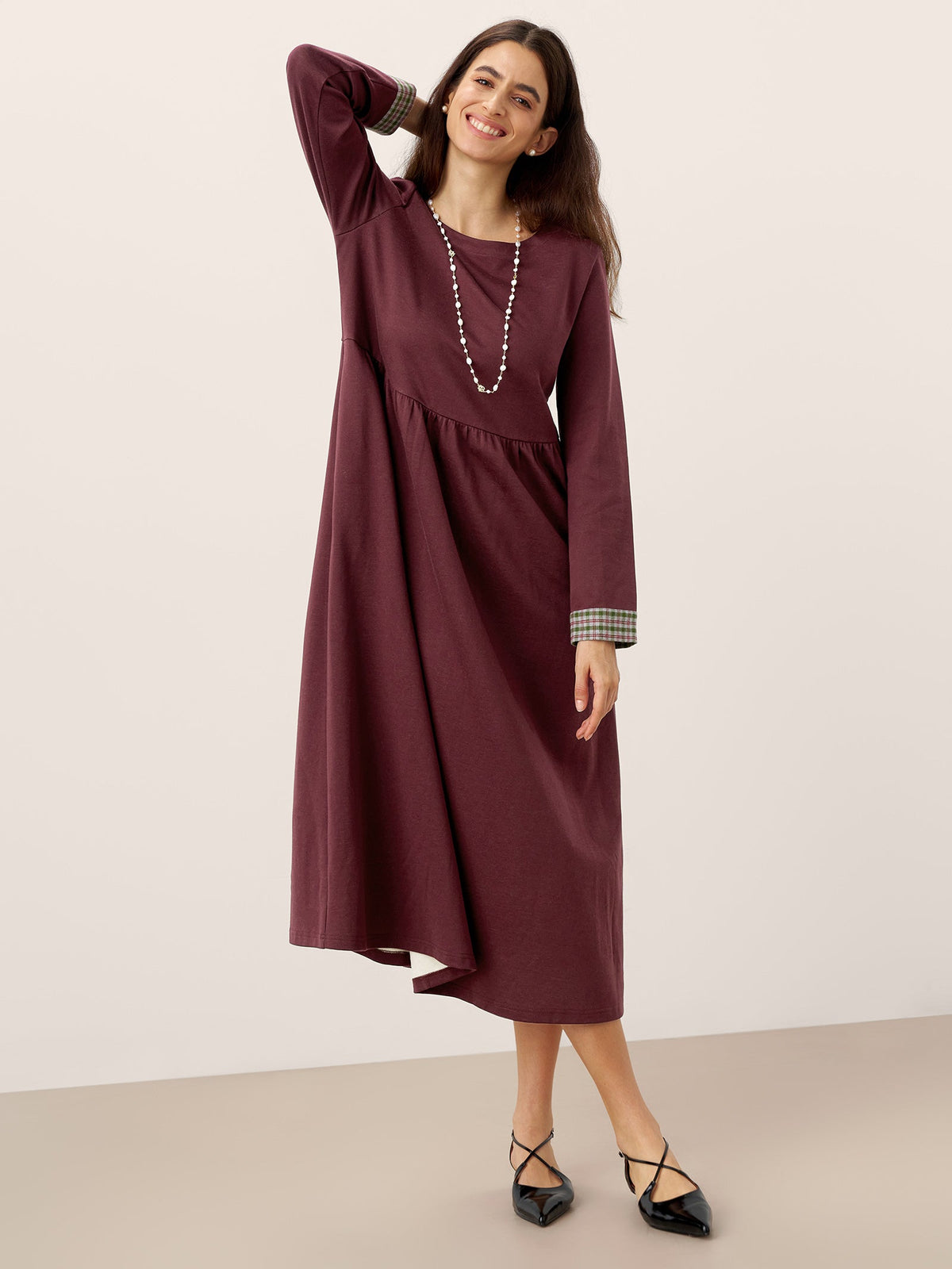 Organic Cotton Patchwork Cuff Crew Neck Casual Midi Dress SCARLETT by LINTICO