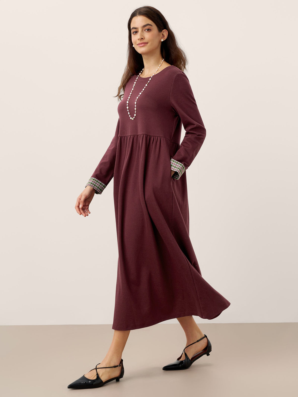 Organic Cotton Patchwork Cuff Crew Neck Casual Midi Dress SCARLETT by LINTICO
