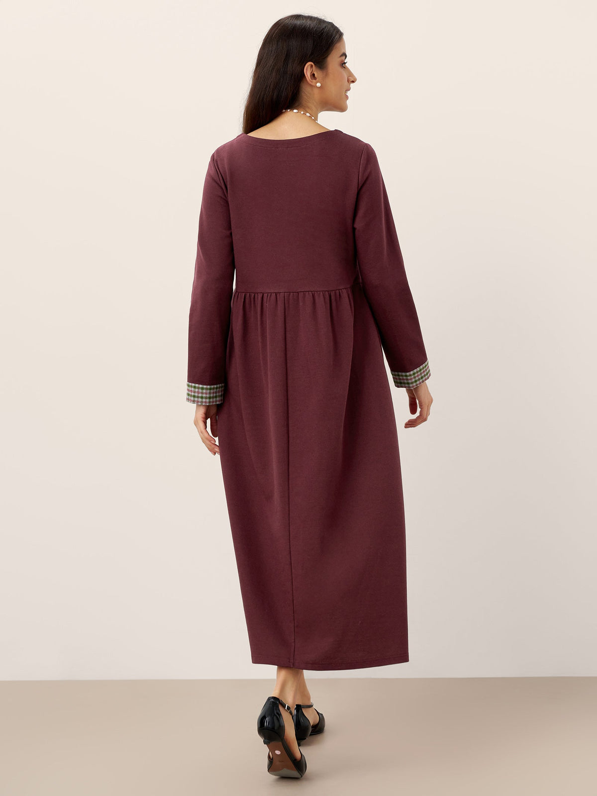 Organic Cotton Patchwork Cuff Crew Neck Casual Midi Dress SCARLETT by LINTICO
