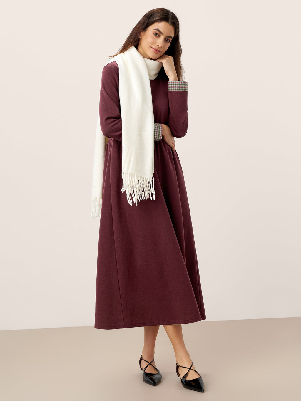 Organic Cotton Patchwork Cuff Crew Neck Casual Midi Dress SCARLETT by LINTICO