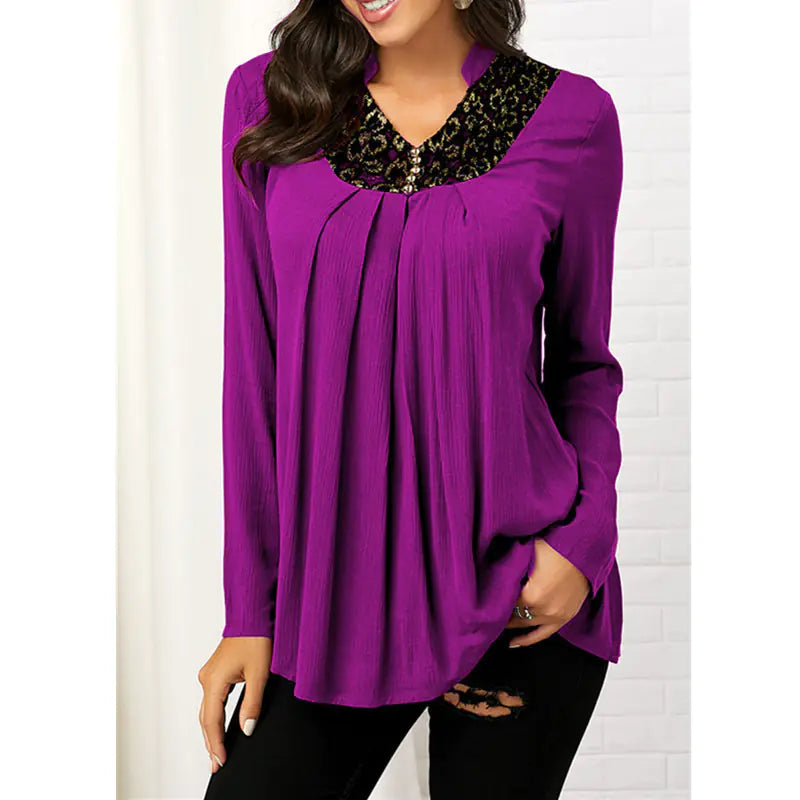 Printed V-neck Long Sleeve Lace Top. by Trendy Attic Store01