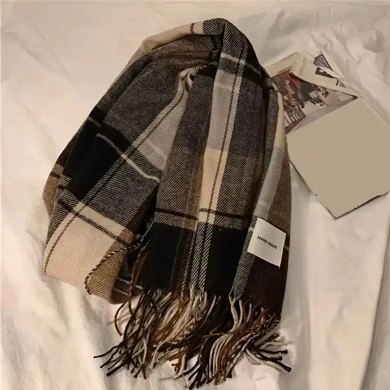 Versatile Retro Plaid Scarf with Tassels for Women by Trendy Attic Store01