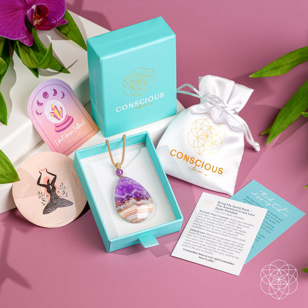 Bring My Spark Back – The Amethyst Crazy Lace Agate Pendant by Conscious Items