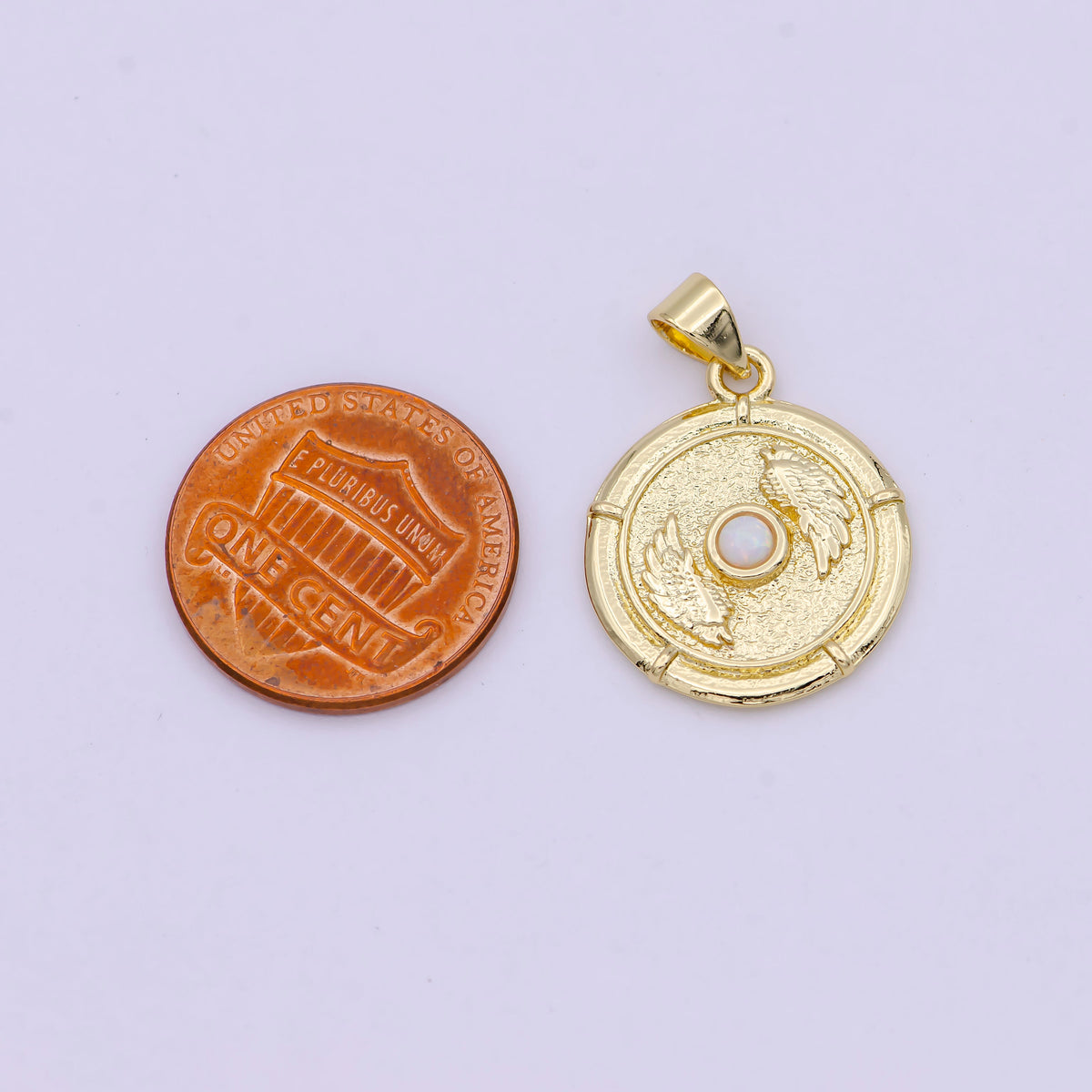 14K Gold Filled White, Blue Opal Angel Wing Round Pendant | H557 H560 by DLUXCA