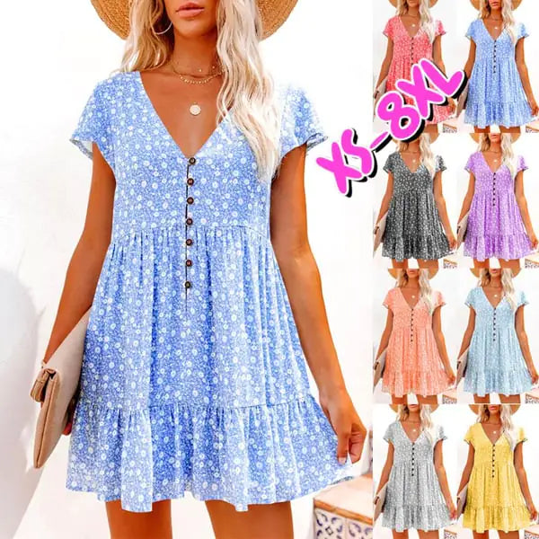 V-Neck Button Floral Short Sleeve Casual Dress by Trendy Attic Store01