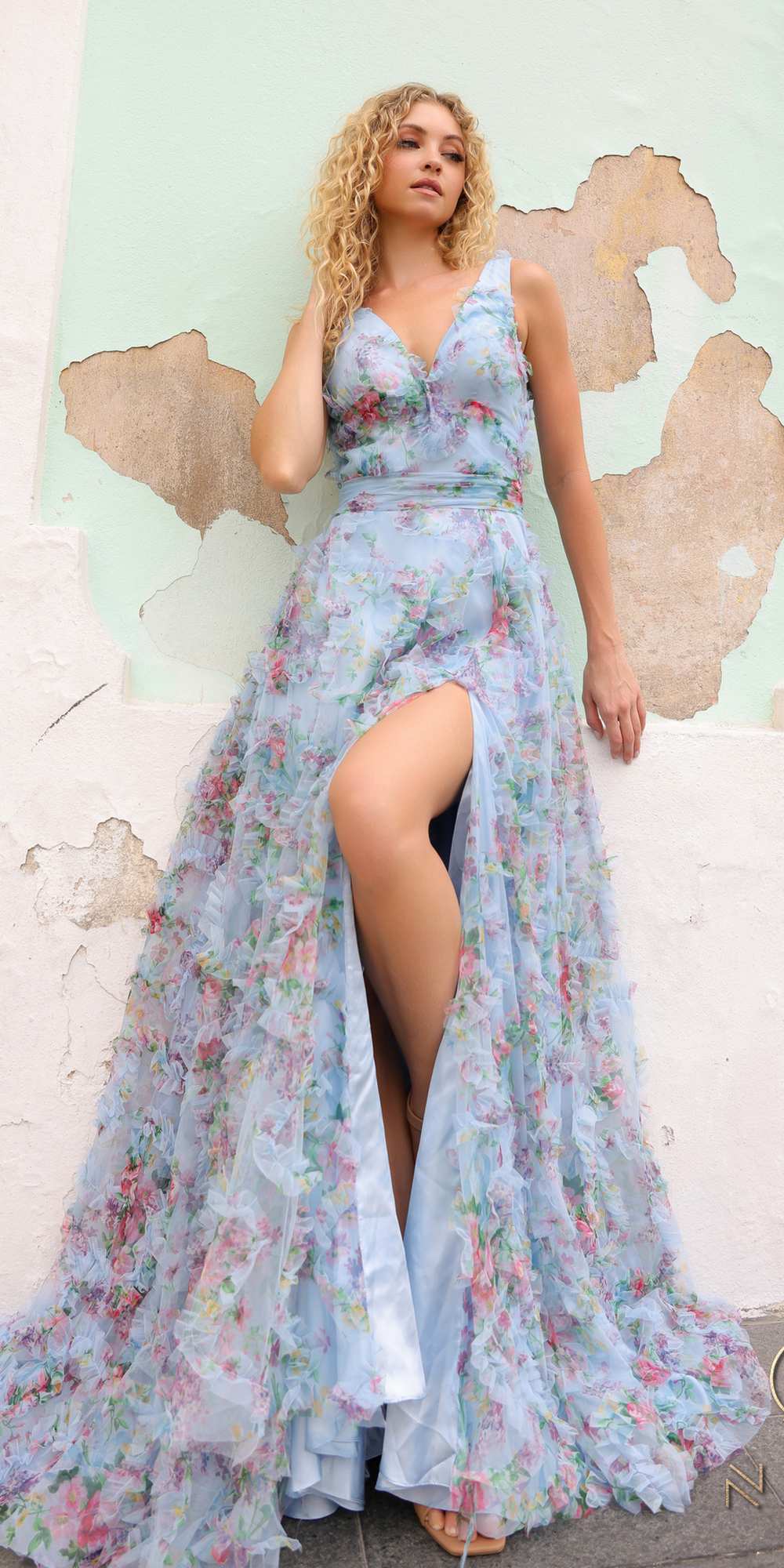 Nox Anabel E1445 Long A-Line V-Neck Floral Print Evening Gown by DiscountDressShop
