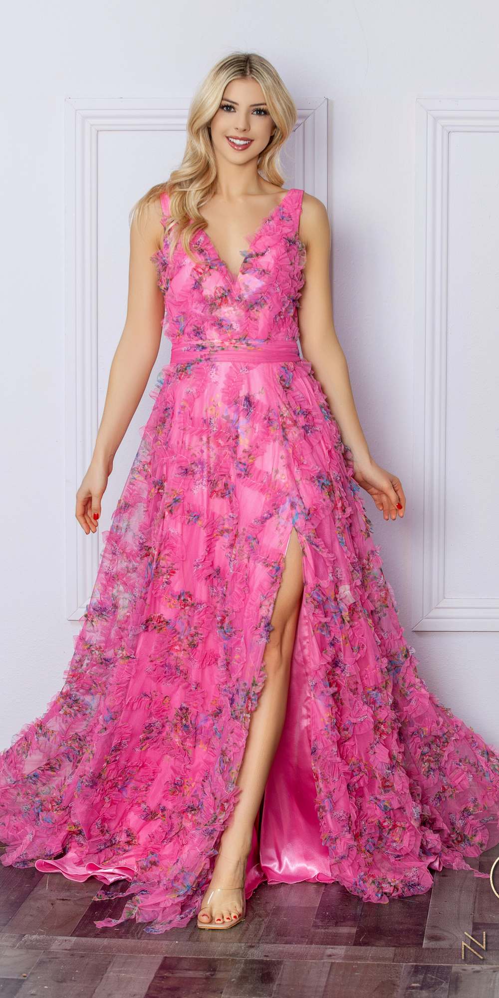 Nox Anabel E1445 Long A-Line V-Neck Floral Print Evening Gown by DiscountDressShop