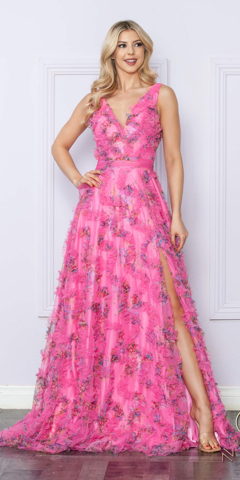 Nox Anabel E1445 Long A-Line V-Neck Floral Print Evening Gown by DiscountDressShop