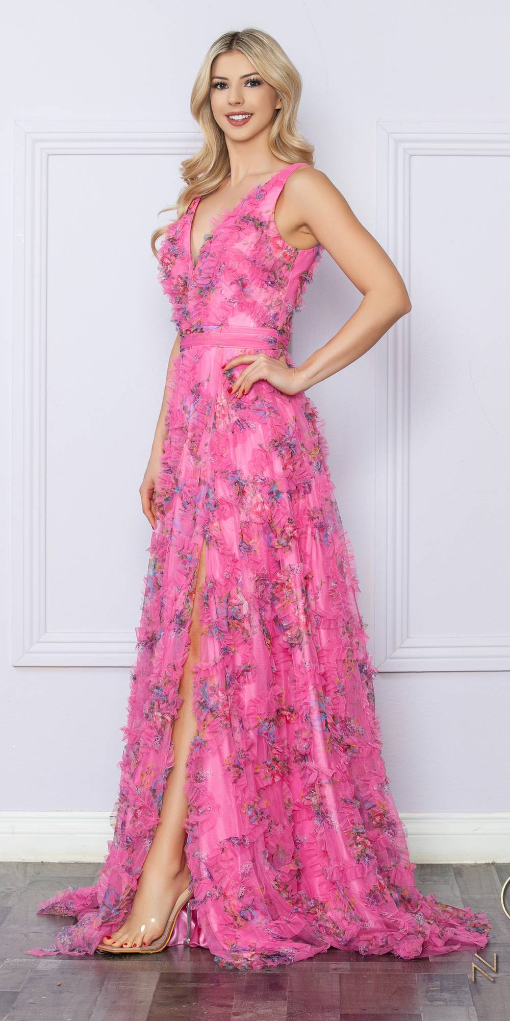 Nox Anabel E1445 Long A-Line V-Neck Floral Print Evening Gown by DiscountDressShop
