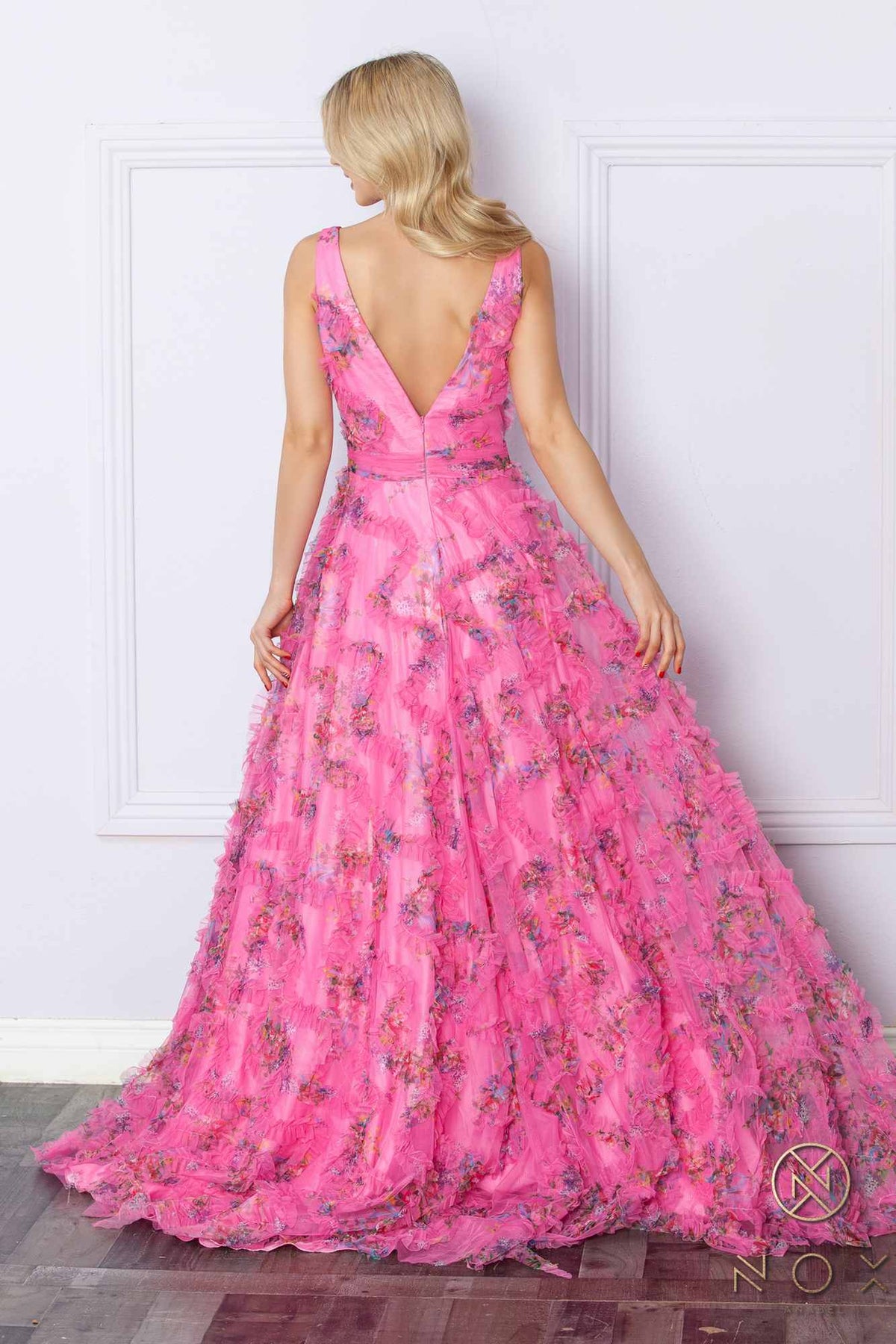 Nox Anabel E1445 Long A-Line V-Neck Floral Print Evening Gown by DiscountDressShop